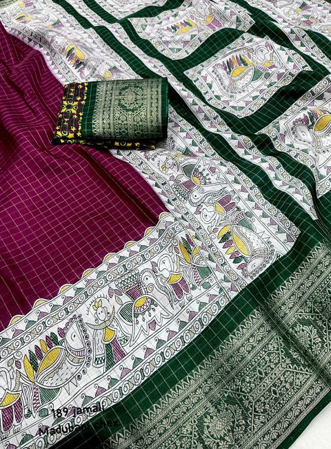 VastraLakshmi Proficient Wine Digital Printed Dola Silk Saree With Whimsical Blouse Piece