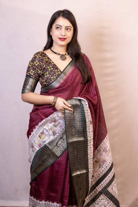 VastraLakshmi Proficient Wine Digital Printed Dola Silk Saree With Whimsical Blouse Piece