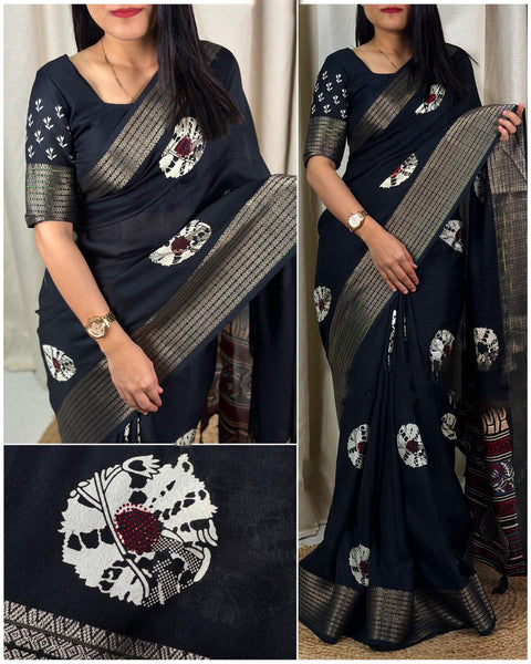 VastraLakshmi Dazzling Black Digital Printed Dola Silk Saree With Sensational Blouse Piece