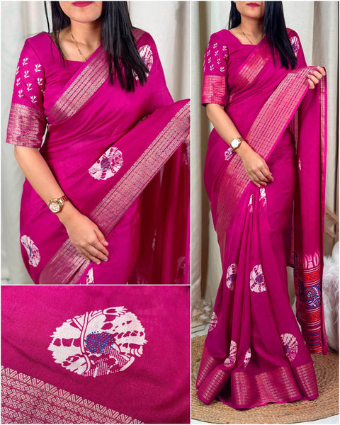 VastraLakshmi Phenomenal Dark Pink Digital Printed Dola Silk Saree With Deserving Blouse Piece