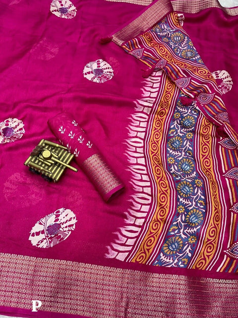 VastraLakshmi Phenomenal Dark Pink Digital Printed Dola Silk Saree With Deserving Blouse Piece