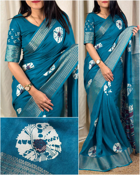 VastraLakshmi Blooming Firozi Digital Printed Dola Silk Saree With Radiant Blouse Piece