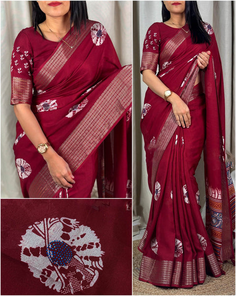 VastraLakshmi Classic Maroon Digital Printed Dola Silk Saree With Bewitching Blouse Piece