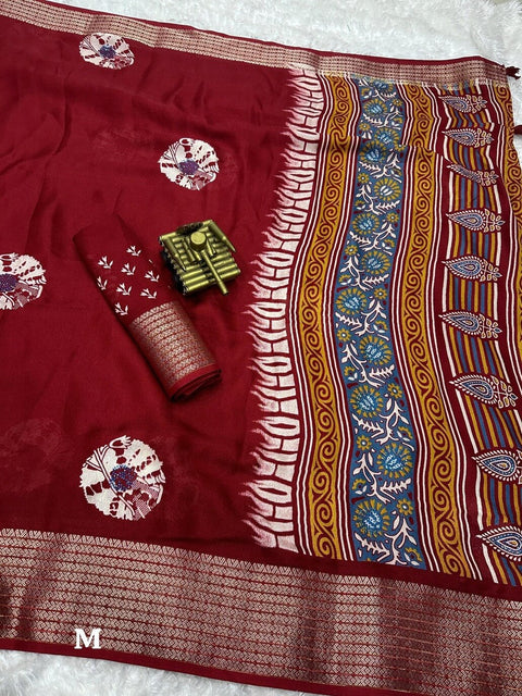 VastraLakshmi Classic Maroon Digital Printed Dola Silk Saree With Bewitching Blouse Piece