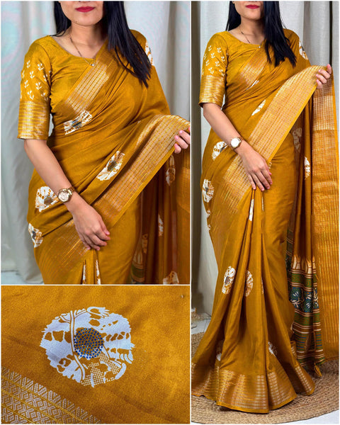 VastraLakshmi Elision Mustard Digital Printed Dola Silk Saree With Moiety Blouse Piece