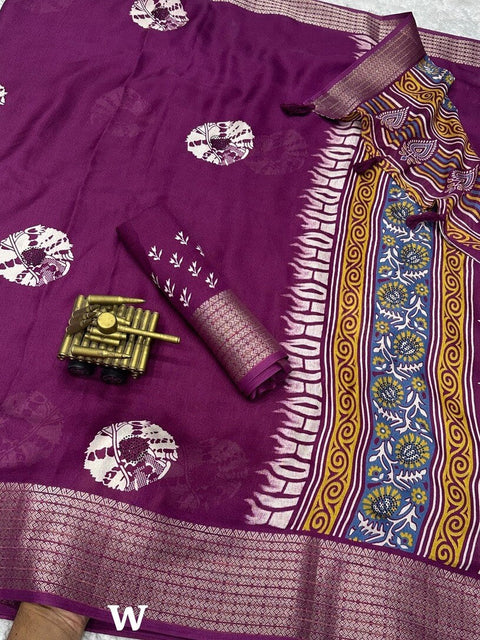 VastraLakshmi Woebegone Purple Digital Printed Dola Silk Saree With Incredible Blouse Piece