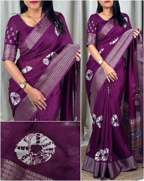 VastraLakshmi Woebegone Purple Digital Printed Dola Silk Saree With Incredible Blouse Piece