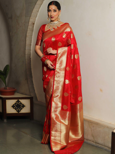 VastraLakshmi Fairytale Red Soft Silk Saree With Ailurophile Blouse Piece