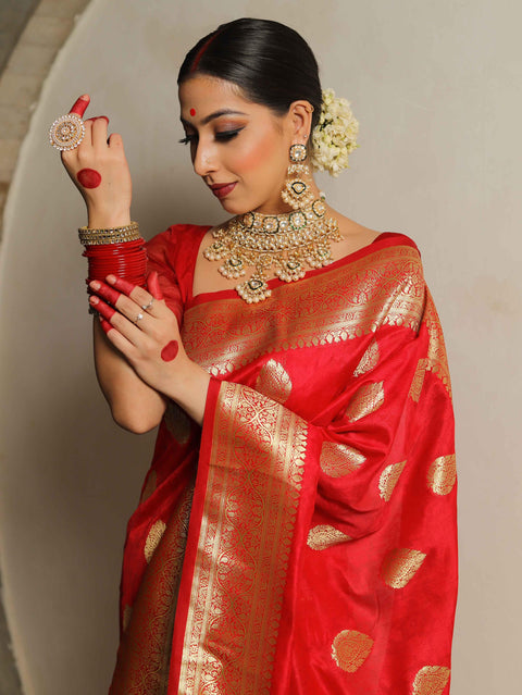 VastraLakshmi Fairytale Red Soft Silk Saree With Ailurophile Blouse Piece