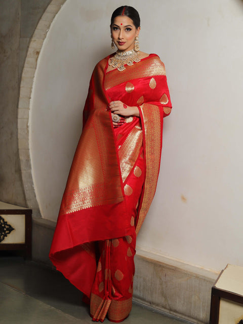 VastraLakshmi Fairytale Red Soft Silk Saree With Ailurophile Blouse Piece