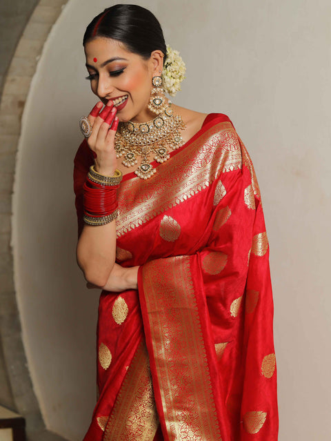 VastraLakshmi Fairytale Red Soft Silk Saree With Ailurophile Blouse Piece