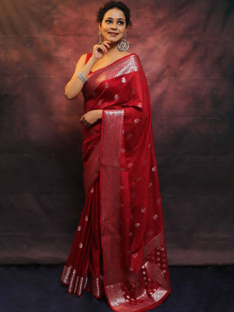 VastraLakshmi Appealing Red Soft Silk Saree With Blooming Blouse Piece