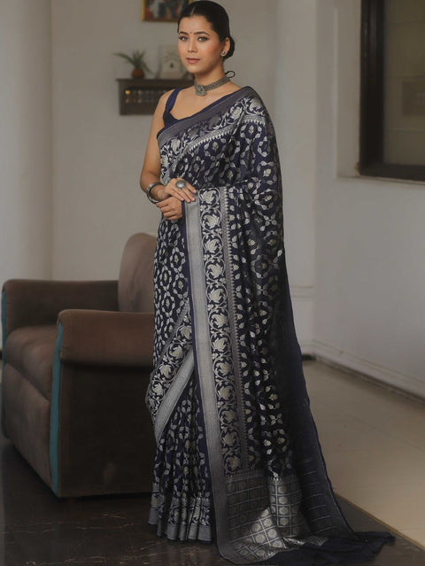 VastraLakshmi Phenomenal Navy Blue Soft Silk Saree With Demanding Blouse Piece