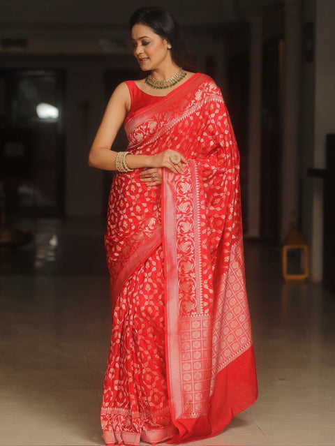 VastraLakshmi Mesmeric Red Soft Silk Saree With Blooming Blouse Piece