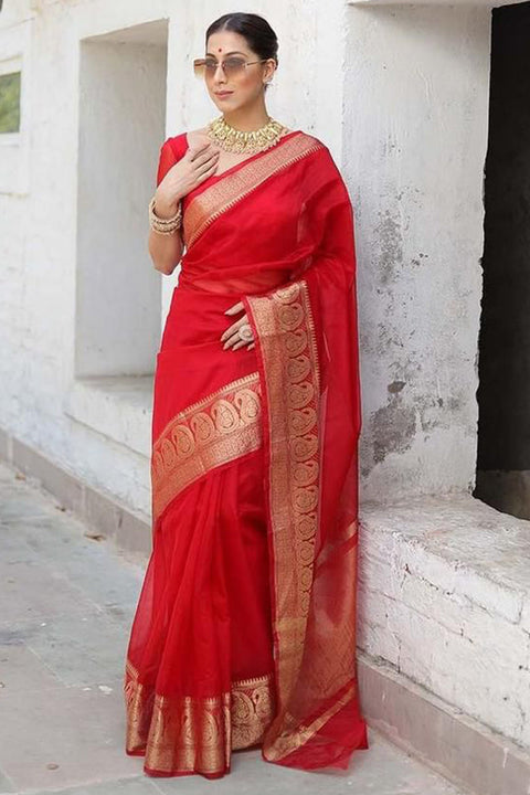 VastraLakshmi Surreptitious Red Organza Silk Saree With Vestigial Blouse Piece