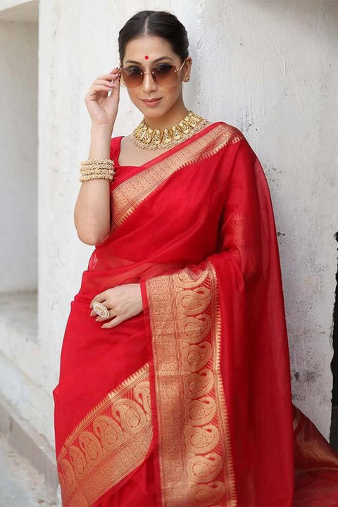 VastraLakshmi Surreptitious Red Organza Silk Saree With Vestigial Blouse Piece