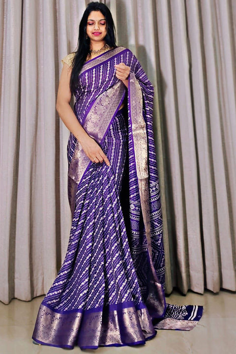 VastraLakshmi Lassitude Royal Blue Digital Printed Dola Silk Saree With Surreptitious Blouse Piece