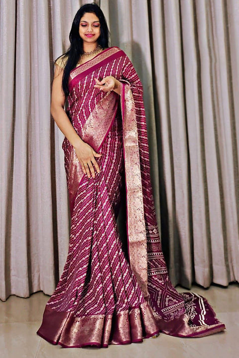 VastraLakshmi Exuberant Wine Digital Printed Dola Silk Saree With Scrumptious Blouse Piece