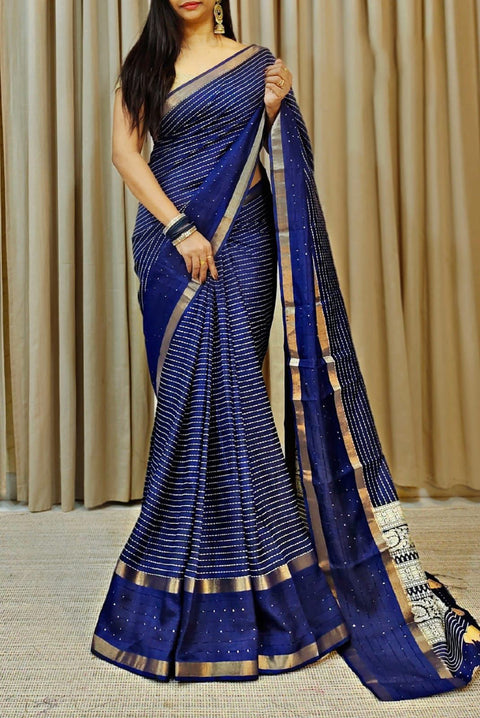 VastraLakshmi Palimpsest Navy Blue Digital Printed Dola Silk Saree With Surreptitious Blouse Piece