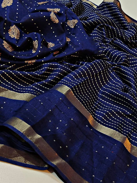 VastraLakshmi Palimpsest Navy Blue Digital Printed Dola Silk Saree With Surreptitious Blouse Piece