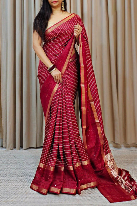 VastraLakshmi Palimpsest Red Digital Printed Dola Silk Saree With Epiphany Blouse Piece