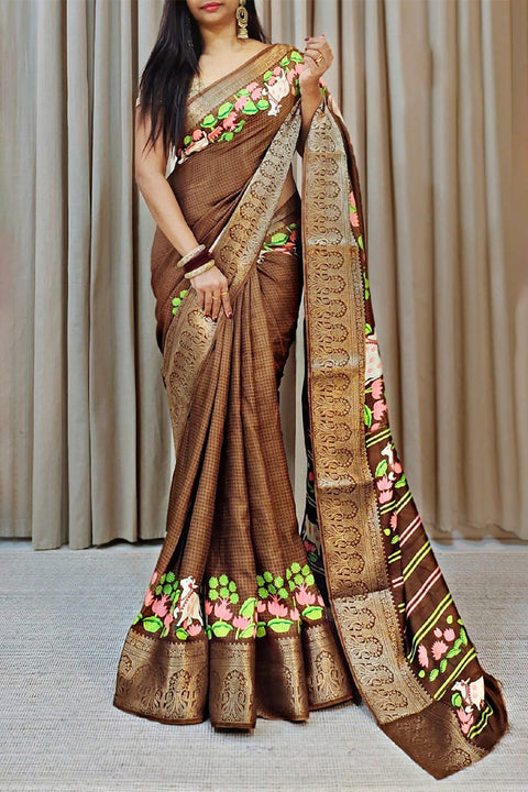 VastraLakshmi Effervescent Brown Digital Printed Dola Silk Saree With Smashing Blouse Piece