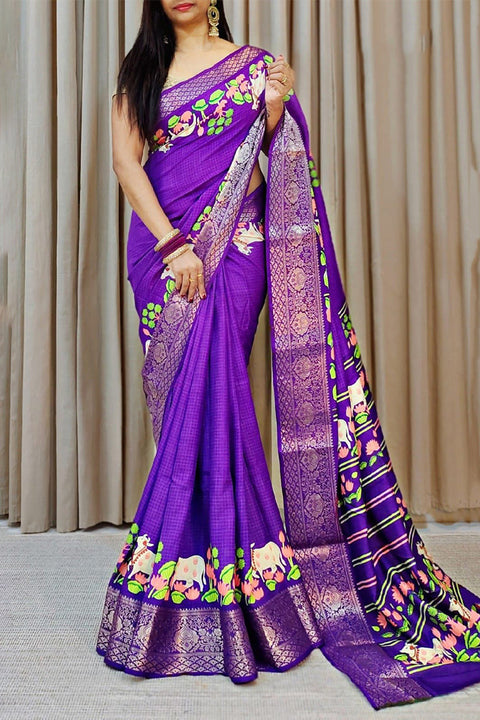 VastraLakshmi Gratifying Royal Blue Digital Printed Dola Silk Saree With Splendorous Blouse Piece