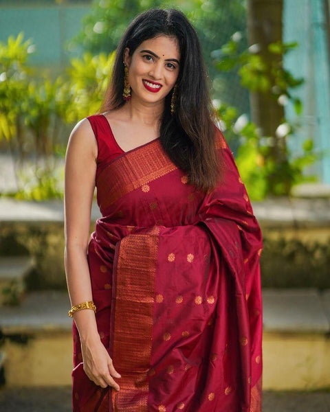 VastraLakshmi Mellifluous Maroon Soft Silk Saree With Elision Blouse Piece