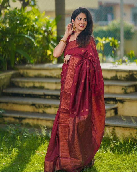 VastraLakshmi Mellifluous Maroon Soft Silk Saree With Elision Blouse Piece