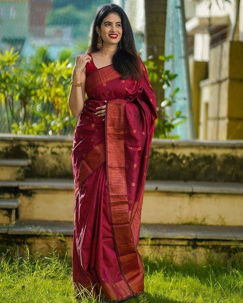 VastraLakshmi Mellifluous Maroon Soft Silk Saree With Elision Blouse Piece