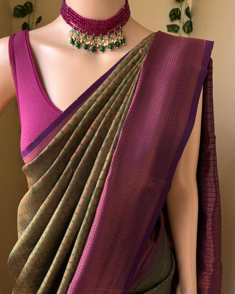 VastraLakshmi Ineffable Mehndi Soft Silk Saree With Ethereal Blouse Piece