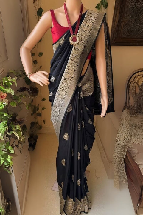 VastraLakshmi Unique Black Soft Silk Saree With Jazzy Blouse Piece