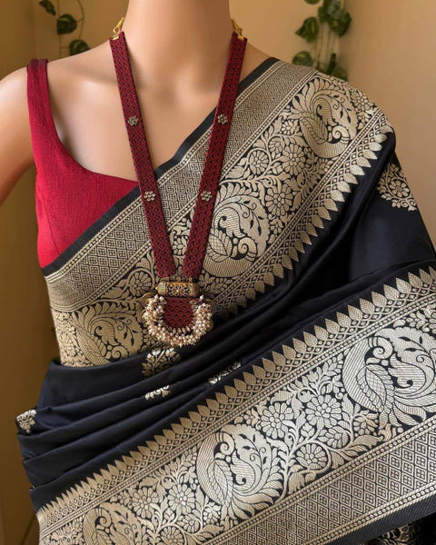 VastraLakshmi Unique Black Soft Silk Saree With Jazzy Blouse Piece