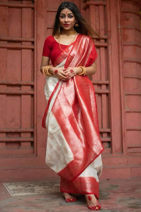 VastraLakshmi Outstanding Off White Soft Silk Saree With Twirling Blouse Piece