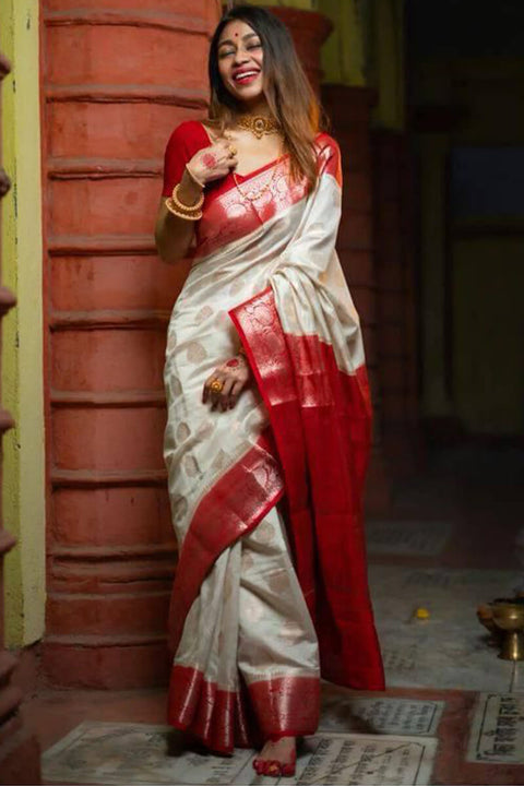 VastraLakshmi Outstanding Off White Soft Silk Saree With Twirling Blouse Piece