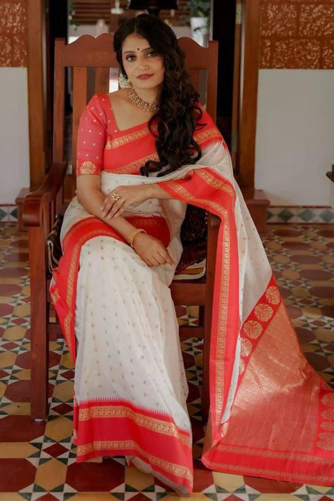 VastraLakshmi Mellifluous Off White Soft Silk Saree With Inimitable Blouse Piece