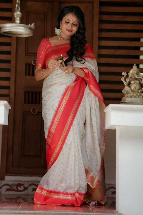 VastraLakshmi Mellifluous Off White Soft Silk Saree With Inimitable Blouse Piece