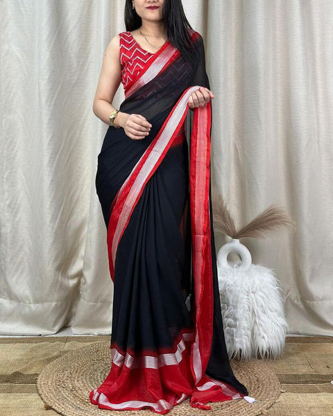 VastraLakshmi Symmetrical Black Digital Printed Chiffon Saree With Denouement Blouse Piece