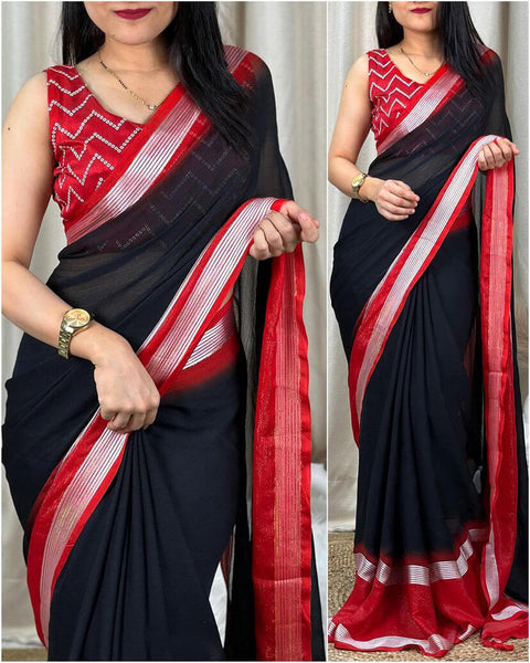 VastraLakshmi Symmetrical Black Digital Printed Chiffon Saree With Denouement Blouse Piece