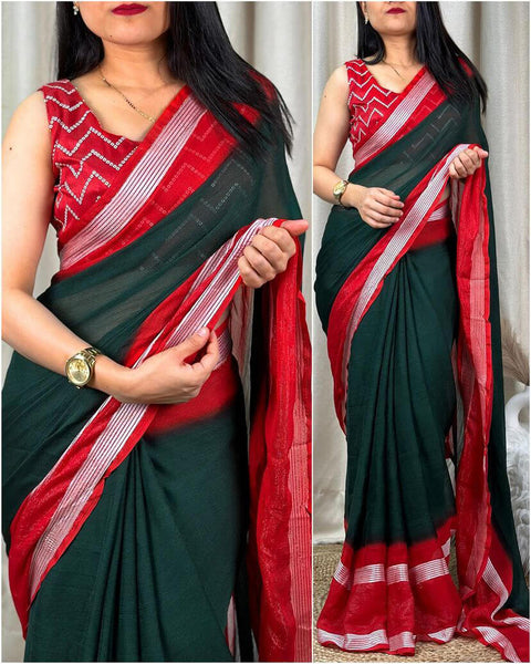 VastraLakshmi Palimpsest Dark Green Digital Printed Chiffon Saree With Fugacious Blouse Piece