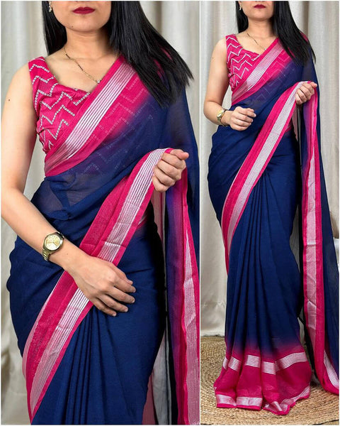 VastraLakshmi Exquisite Navy Blue Digital Printed Chiffon Saree With Radiant Blouse Piece