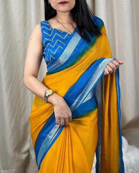 VastraLakshmi Vivacious Yellow Digital Printed Chiffon Saree With Supernal Blouse Piece