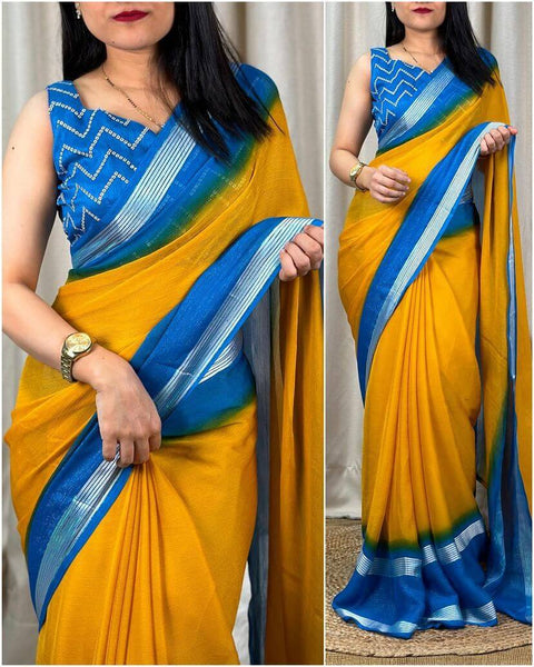 VastraLakshmi Vivacious Yellow Digital Printed Chiffon Saree With Supernal Blouse Piece