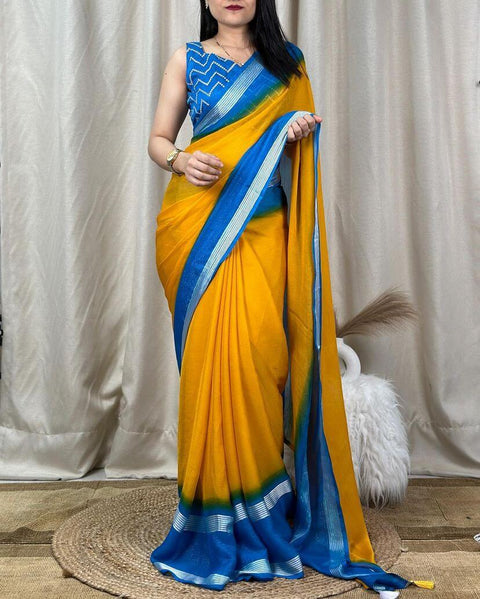 VastraLakshmi Vivacious Yellow Digital Printed Chiffon Saree With Supernal Blouse Piece