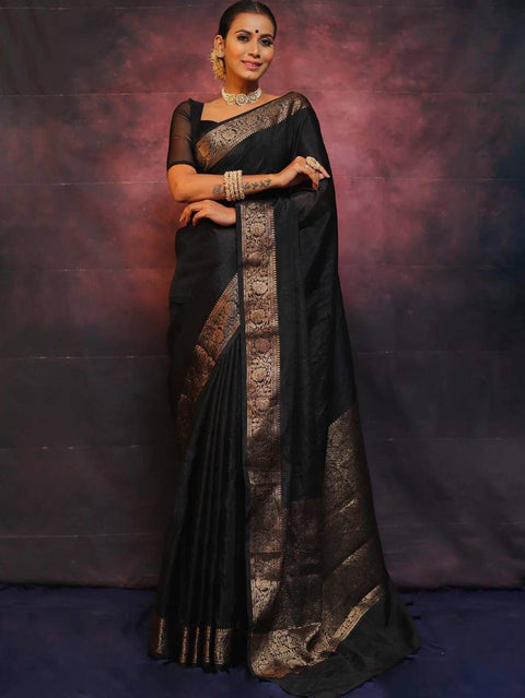 VastraLakshmi Gleaming Black Soft Silk Saree With Designer Blouse Piece