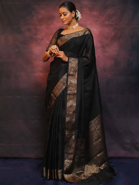 VastraLakshmi Gleaming Black Soft Silk Saree With Designer Blouse Piece