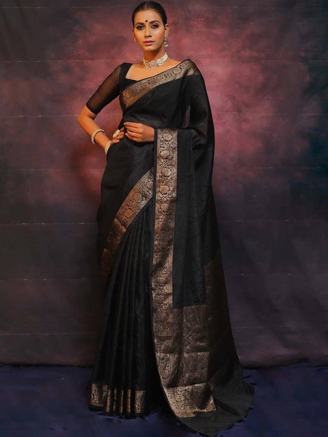 VastraLakshmi Gleaming Black Soft Silk Saree With Designer Blouse Piece