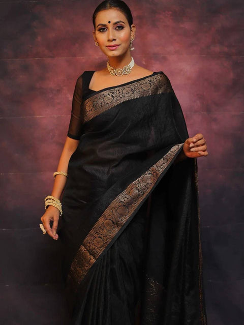 VastraLakshmi Gleaming Black Soft Silk Saree With Designer Blouse Piece