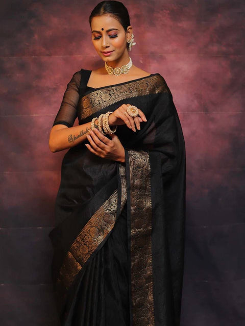 VastraLakshmi Gleaming Black Soft Silk Saree With Designer Blouse Piece