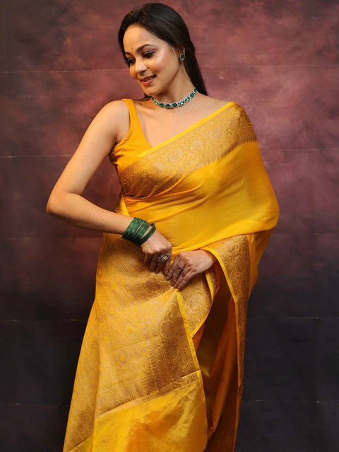 VastraLakshmi Ailurophile Yellow Soft Silk Saree With Demesne Blouse Piece